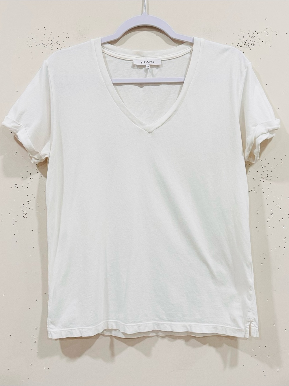FRAME Denim Women's White V-Neck Le Mid Rise Tee T-Shirt Cuffed Sleeves Size S